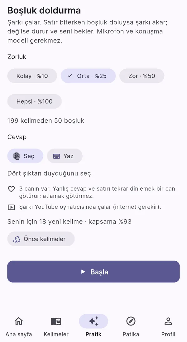 Fill-the-gaps settings in Turkish: difficulty, answer by choosing or typing, 3 lives, Start