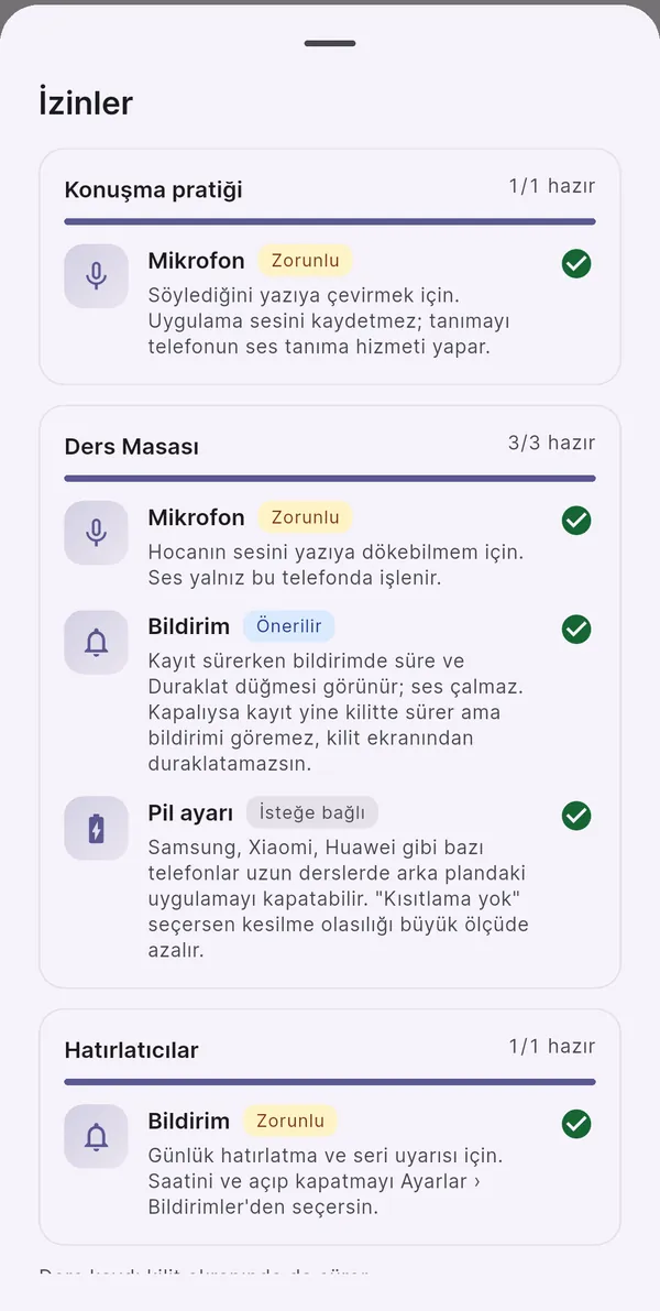 Ayarlar, İzinler sayfası: Konuşma pratiği için mikrofon; Ders Masası için mikrofon, bildirim ve pil ayarı; Hatırlatıcılar için bildirim. Her izin neden gerektiğiyle birlikte.